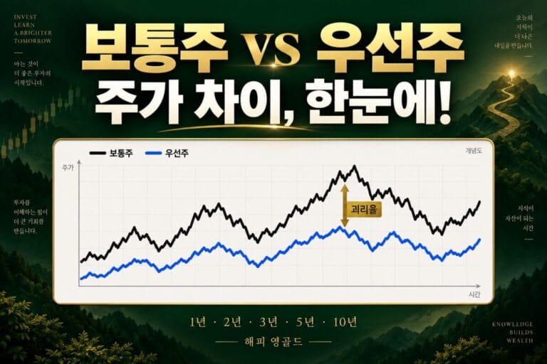 보통주와 우선주 주가 비교 그래프: 검정색 보통주와 청색 우선주의 가격 차이와 괴리율을 나타낸 개념도