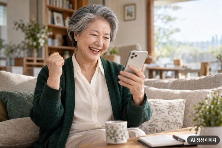 배당 입금 소식에 활짝 웃는 여성 시니어. 오른쪽 아래에 AI 생성 이미지 표시.