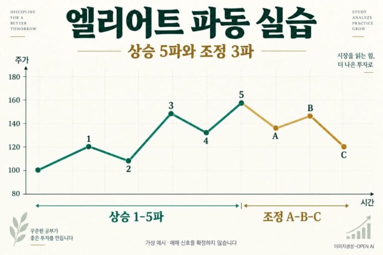 엘리어트 파동의 상승 1·2·3·4·5파와 하락 조정 A·B·C를 구분한 가상 주가 그래프