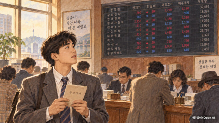 1980년대 한국 증권사 객장에서 증권 통장을 들고 시세판을 바라보는 젊은 직장인의 삽화