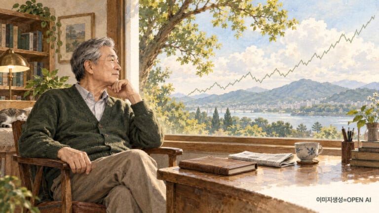 창가에 차분히 앉아 기다리는 투자자와 상승 추세를 표현한 그림. 우측 하단에 이미지생성=OPEN AI 표시.