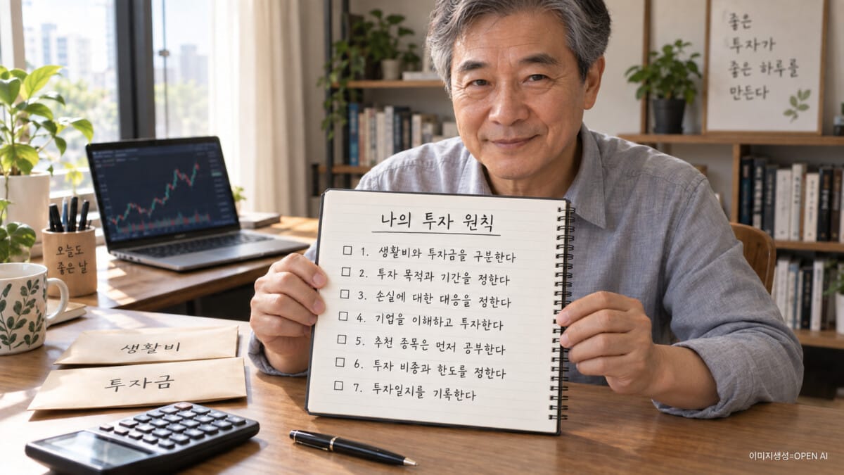 주식 투자 원칙 7가지를 적은 노트를 양손으로 들어 보여주는 시니어 투자자. 책상 위에는 생활비와 투자금 봉투가 놓여 있다.