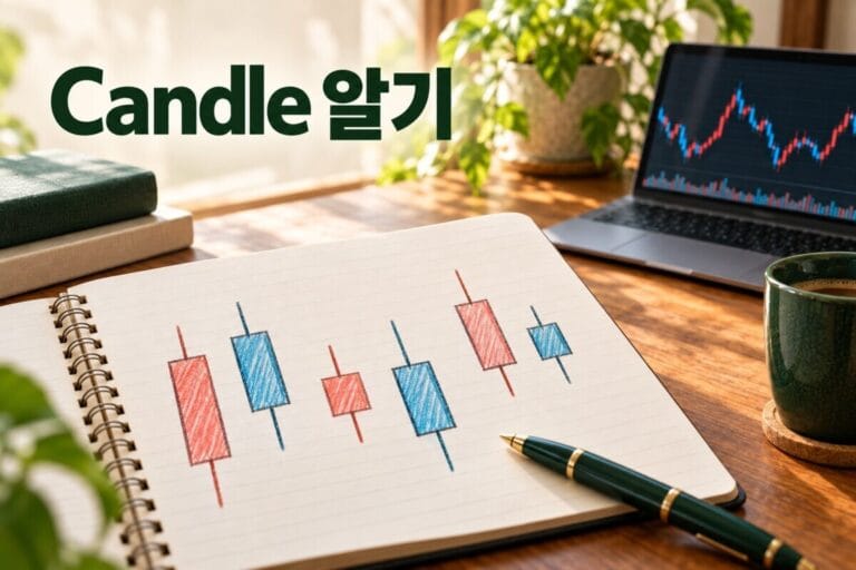 Candle 알기 제목과 확대된 빨강·파랑 캔들 그림, 오른쪽의 작은 노트북 차트