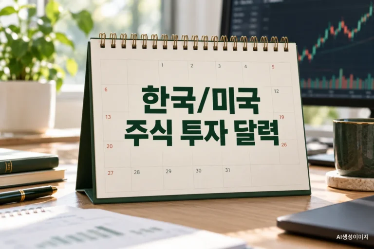 한국/미국 주식 투자 달력 — 탁상 달력과 주식 차트를 담은 AI생성이미지